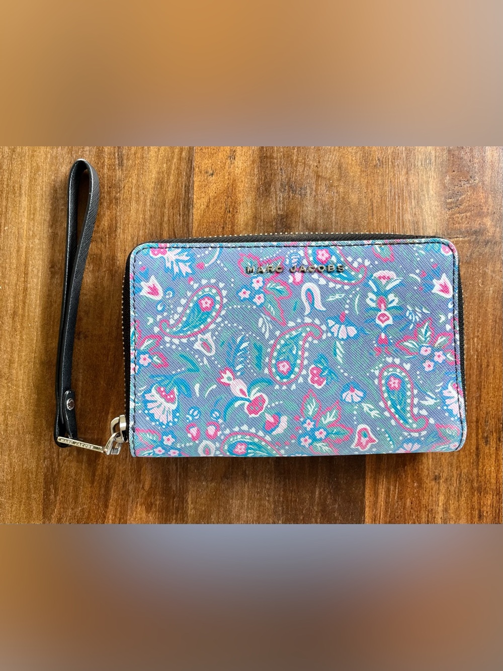 Marc Jacobs Paisley Zip Wallet in Blue with Pink & Teal Accents